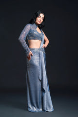 Dusty Blue Drape Saree with Sequin Embellishment for Indo-Western Occasion Wear by Nidhi Mehra Couture