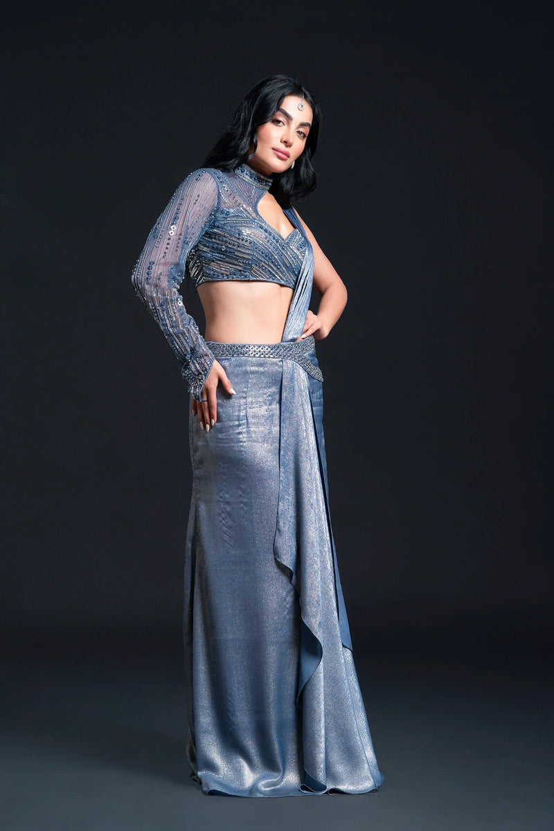 Dusty Blue Drape Saree with Sequin Embellishment for Indo-Western Occasion Wear by Nidhi Mehra Couture
