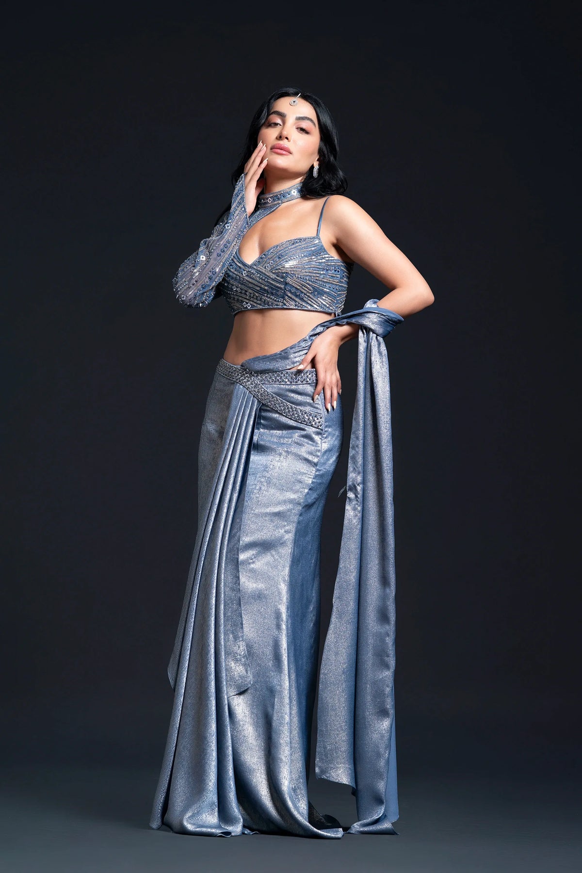 Dusty Blue Drape Saree with Sequin Embellishment for Indo-Western Occasion Wear by Nidhi Mehra Couture