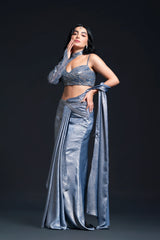 Dusty Blue Drape Saree with Sequin Embellishment for Indo-Western Occasion Wear by Nidhi Mehra Couture