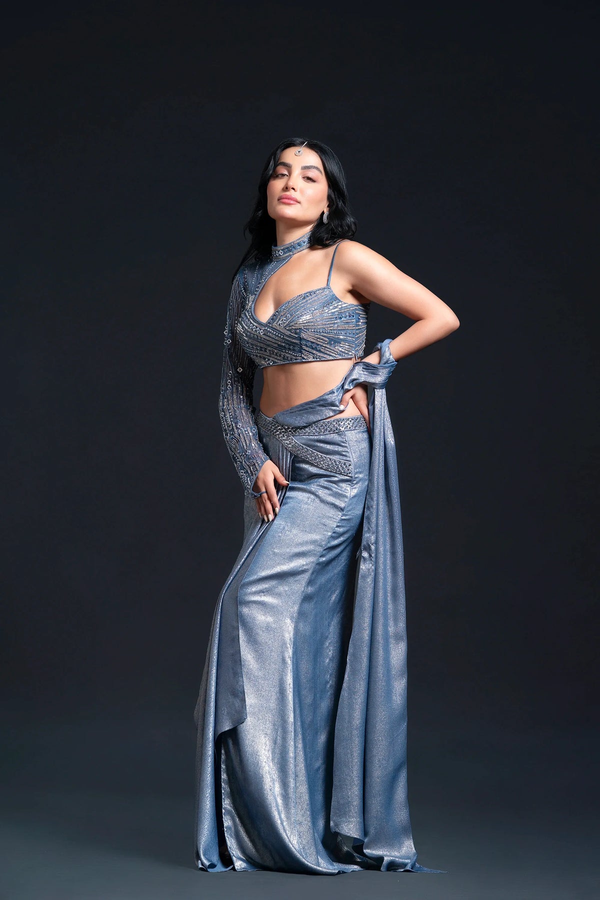 Dusty Blue Drape Saree with Sequin Embellishment for Indo-Western Occasion Wear by Nidhi Mehra Couture