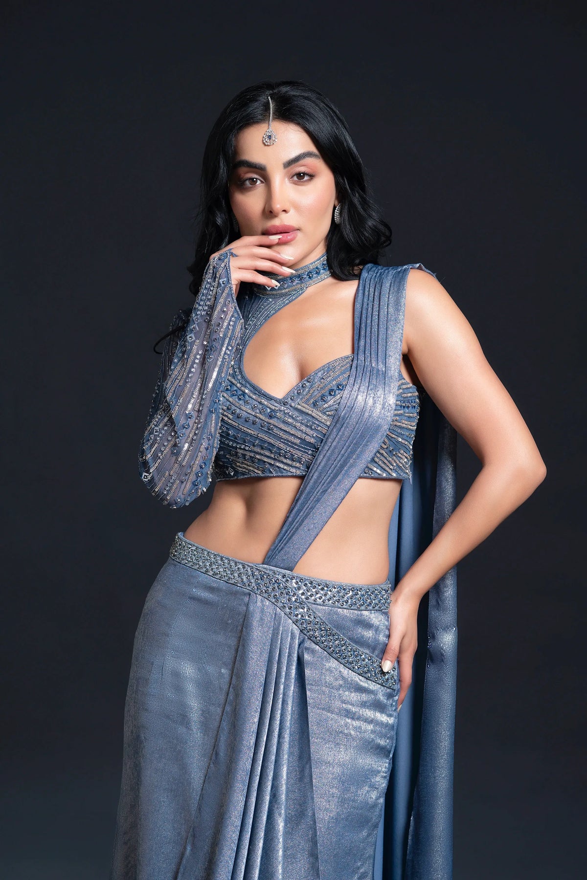 Dusty Blue Drape Saree with Sequin Embellishment for Indo-Western Occasion Wear by Nidhi Mehra Couture