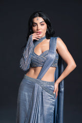 Dusty Blue Drape Saree with Sequin Embellishment for Indo-Western Occasion Wear by Nidhi Mehra Couture