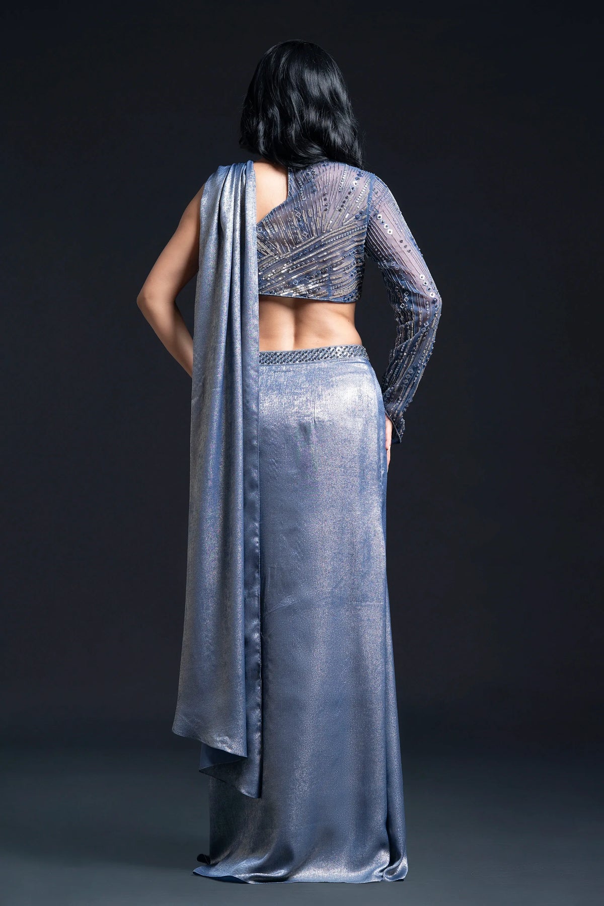Dusty Blue Drape Saree with Sequin Embellishment for Indo-Western Occasion Wear by Nidhi Mehra Couture