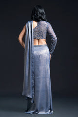 Dusty Blue Drape Saree with Sequin Embellishment for Indo-Western Occasion Wear by Nidhi Mehra Couture