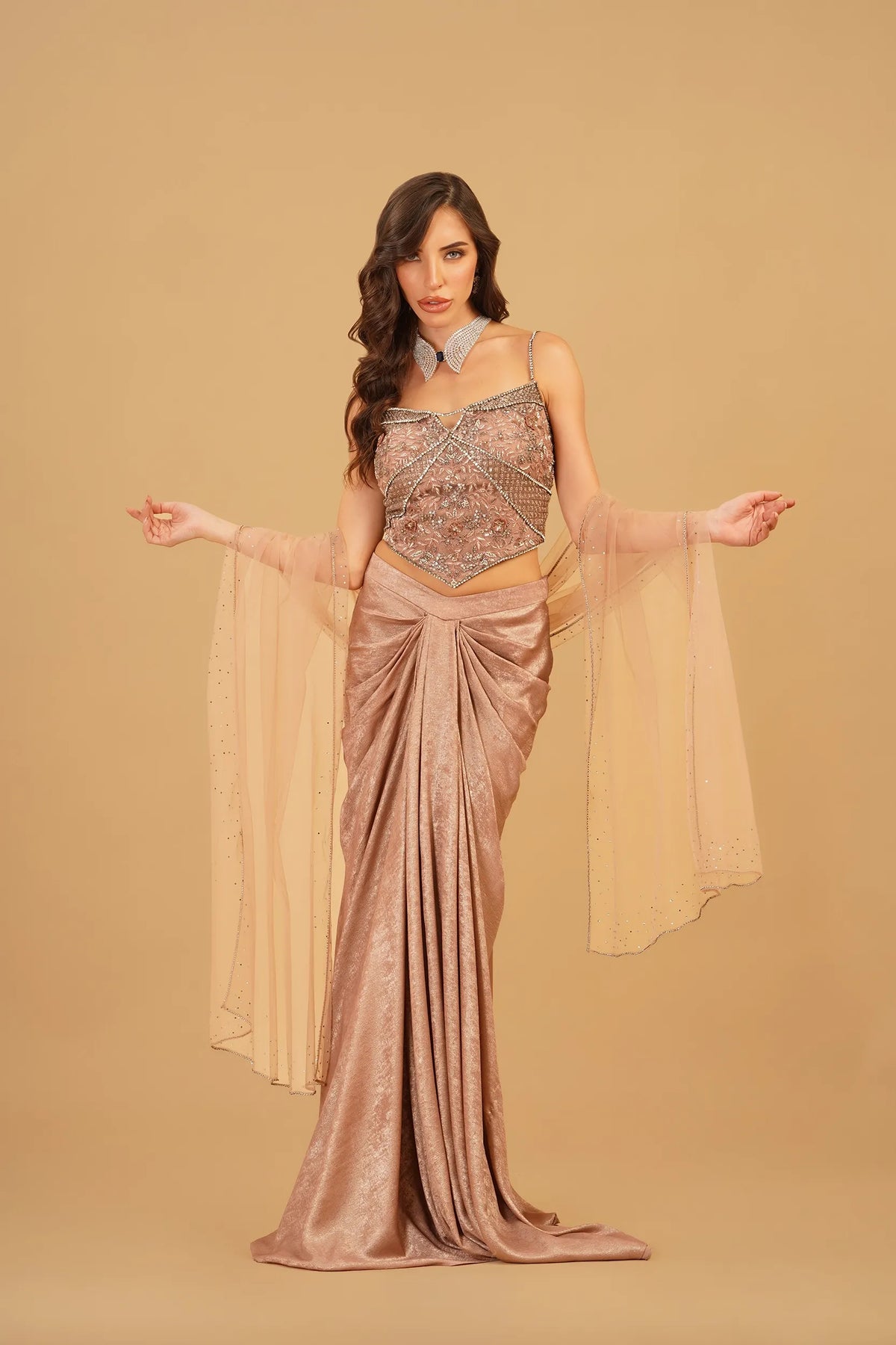 Dusty Peach 3D Floral Drape Skirt Set