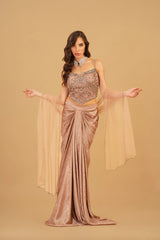 Dusty Peach 3D Floral Drape Skirt Set