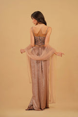 Dusty Peach 3D Floral Drape Skirt Set