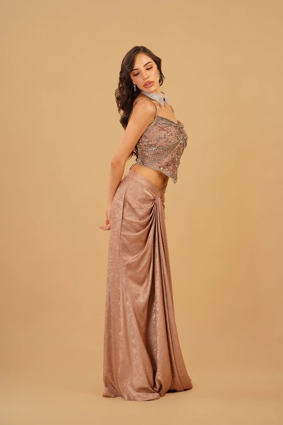 Dusty Peach 3D Floral Drape Skirt Set