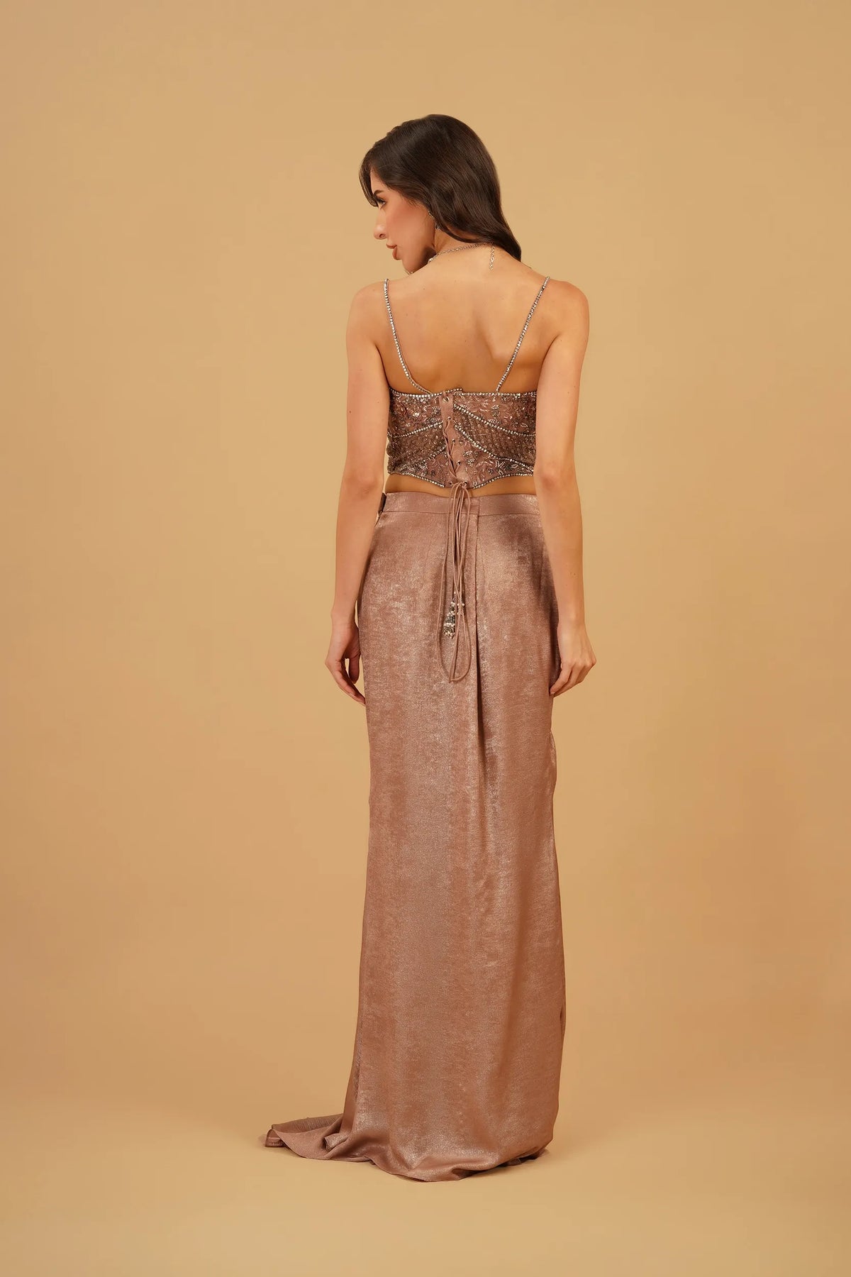 Dusty Peach 3D Floral Drape Skirt Set