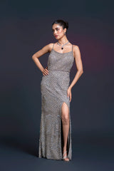 Grey Bridal Straight Slit Gown with Sequin Embellishment for Reception Wear by Aahana's by Nidhi Mehra
