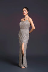 Grey Bridal Straight Slit Gown with Sequin Embellishment for Reception Wear by Aahana's by Nidhi Mehra