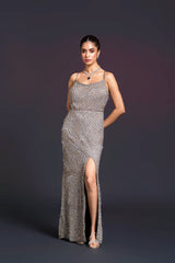 Grey Bridal Straight Slit Gown with Sequin Embellishment for Reception Wear by Aahana's by Nidhi Mehra