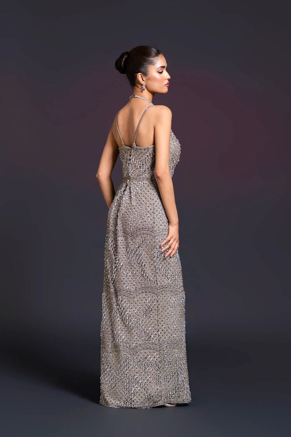 Grey Bridal Straight Slit Gown with Sequin Embellishment for Reception Wear by Aahana's by Nidhi Mehra