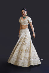 Ivory Bridal Lehenga with Dabka, Pearl Work and Sequin Embroidery for Reception Wear by Aahana's by Nidhi Mehra