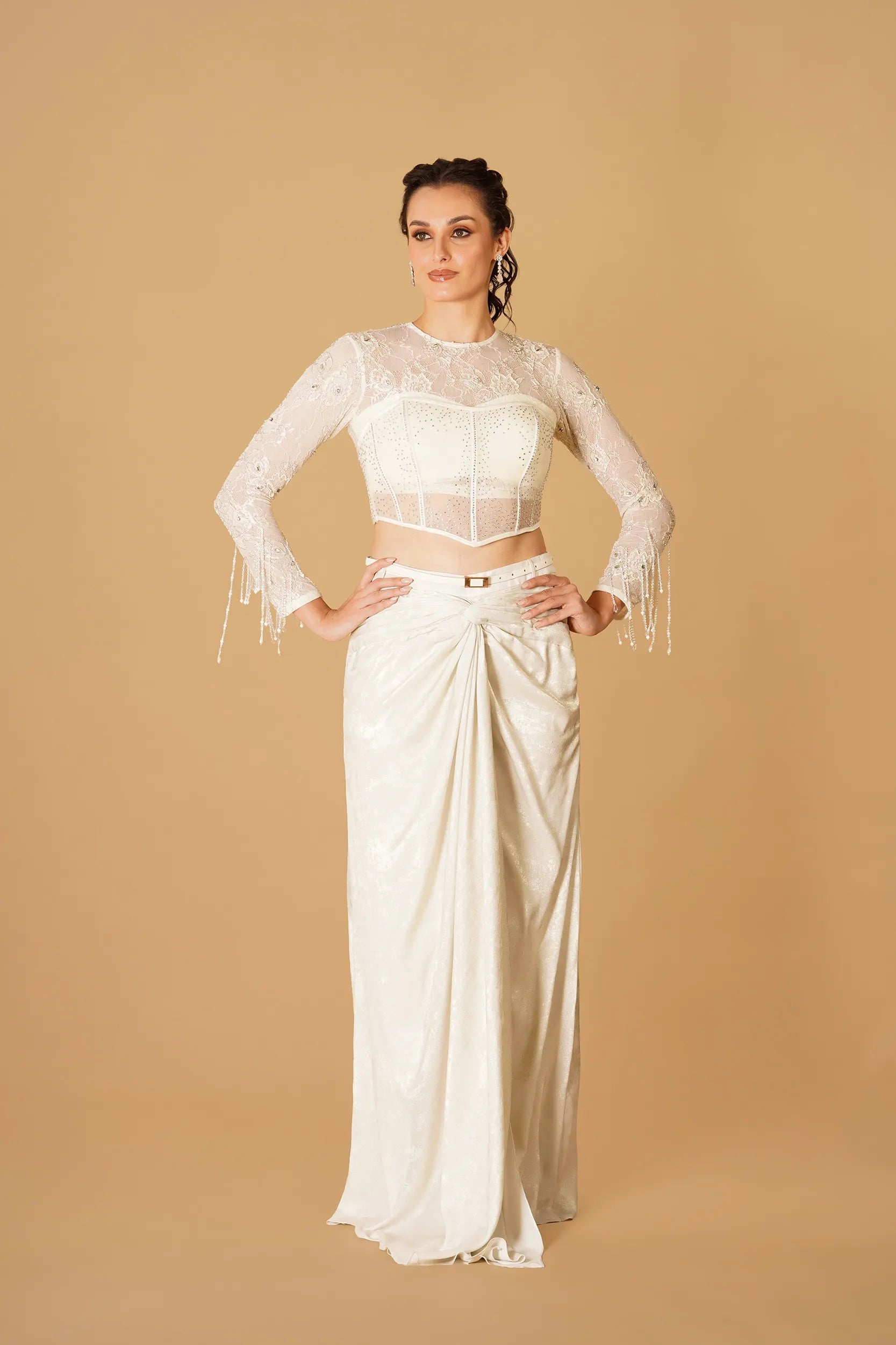 Ivory Tassel Drape Skirt Set