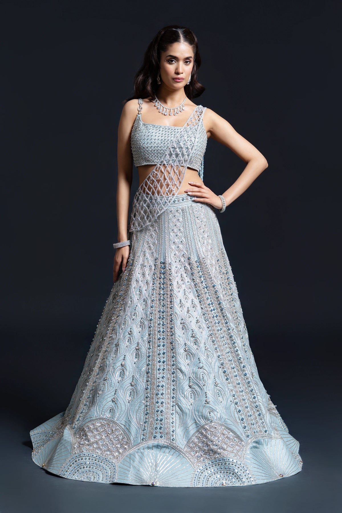 Powder Blue Bridal Lehenga with Jewellery-Style Dabka and Pearl Work Embroidery for Reception Wear by Aahana's by Nidhi Mehra