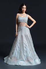 Powder Blue Bridal Lehenga with Jewellery-Style Dabka and Pearl Work Embroidery for Reception Wear by Aahana's by Nidhi Mehra