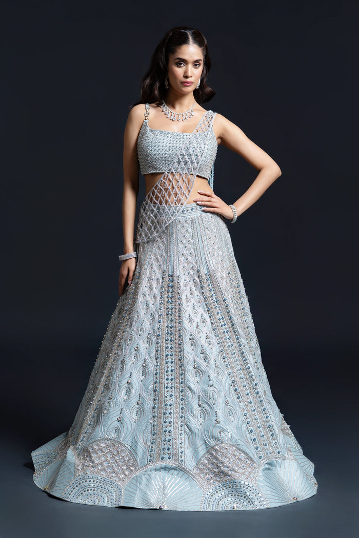 Powder Blue Jewellery Embroidered Lehenge — bridal lehenga, Nidhi Mehra Noida atelier
