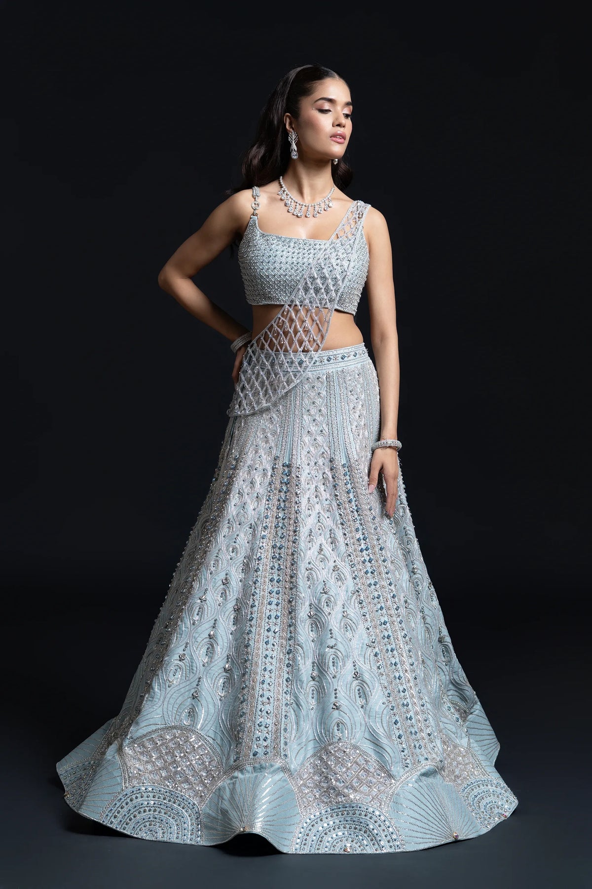 Powder Blue Bridal Lehenga with Jewellery-Style Dabka and Pearl Work Embroidery for Reception Wear by Aahana's by Nidhi Mehra