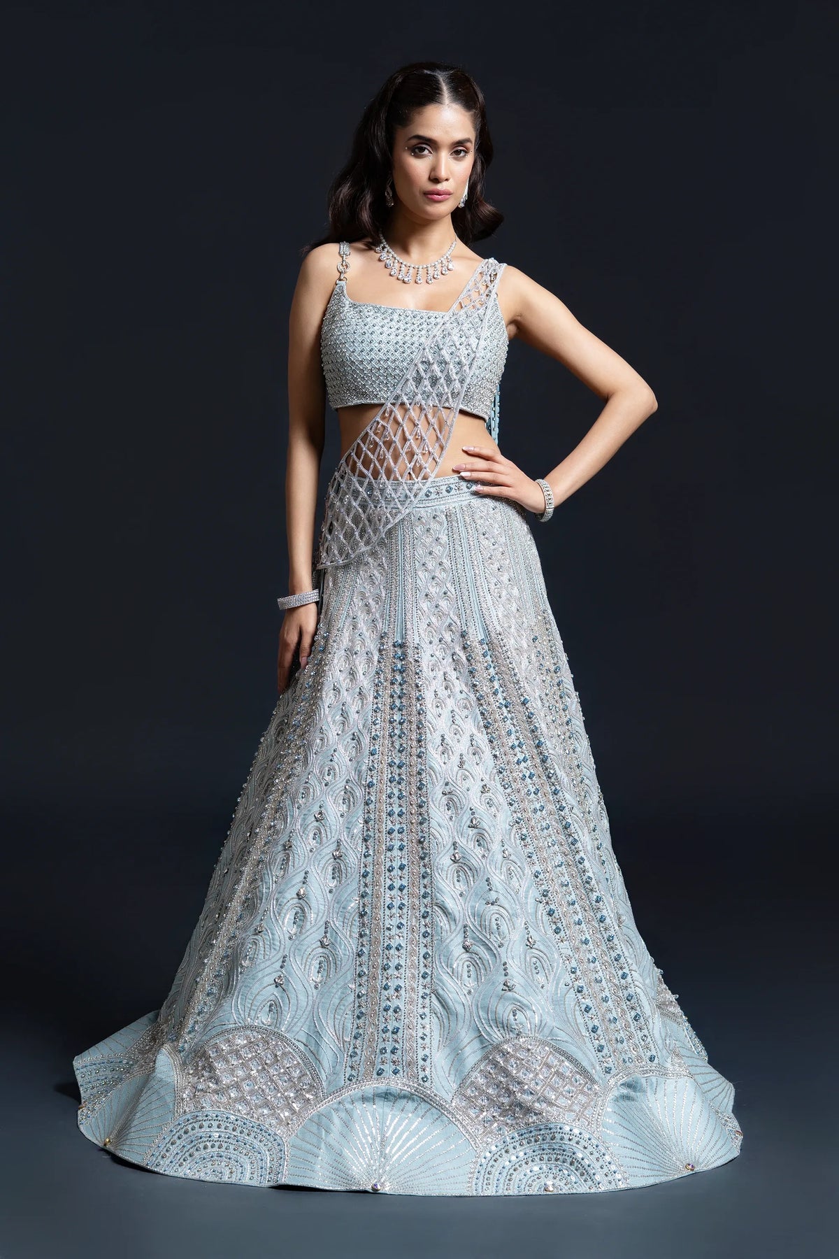 Powder Blue Bridal Lehenga with Jewellery-Style Dabka and Pearl Work Embroidery for Reception Wear by Aahana's by Nidhi Mehra
