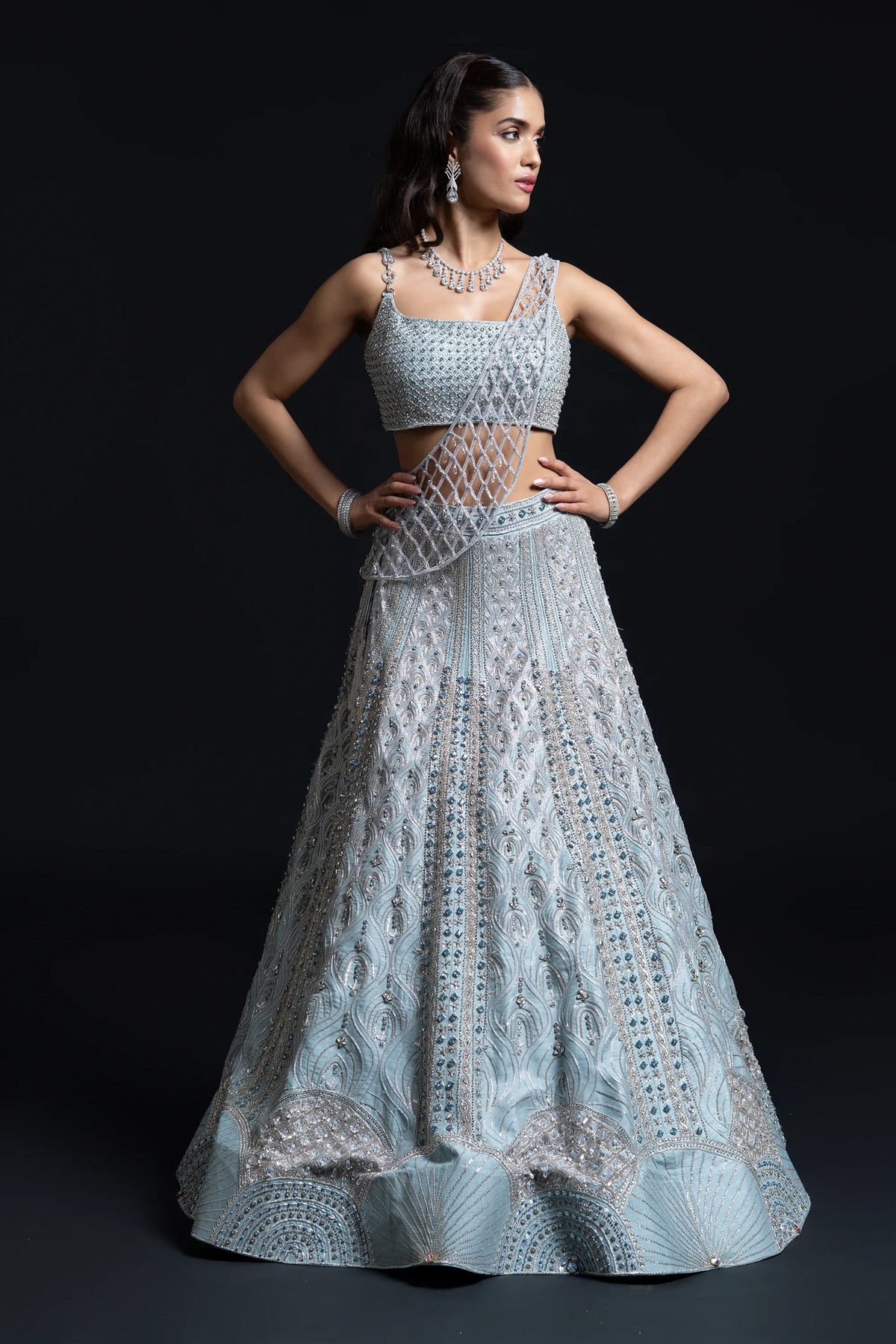Powder Blue Bridal Lehenga with Jewellery-Style Dabka and Pearl Work Embroidery for Reception Wear by Aahana's by Nidhi Mehra