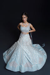 Powder Blue Bridal Lehenga with Jewellery-Style Dabka and Pearl Work Embroidery for Reception Wear by Aahana's by Nidhi Mehra