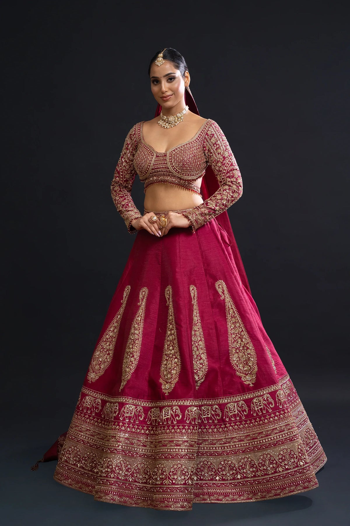 Maroon Bridal Lehenga with Dabka, Pearl Work and Sequin Embroidery for Reception Wear by Aahana's by Nidhi Mehra