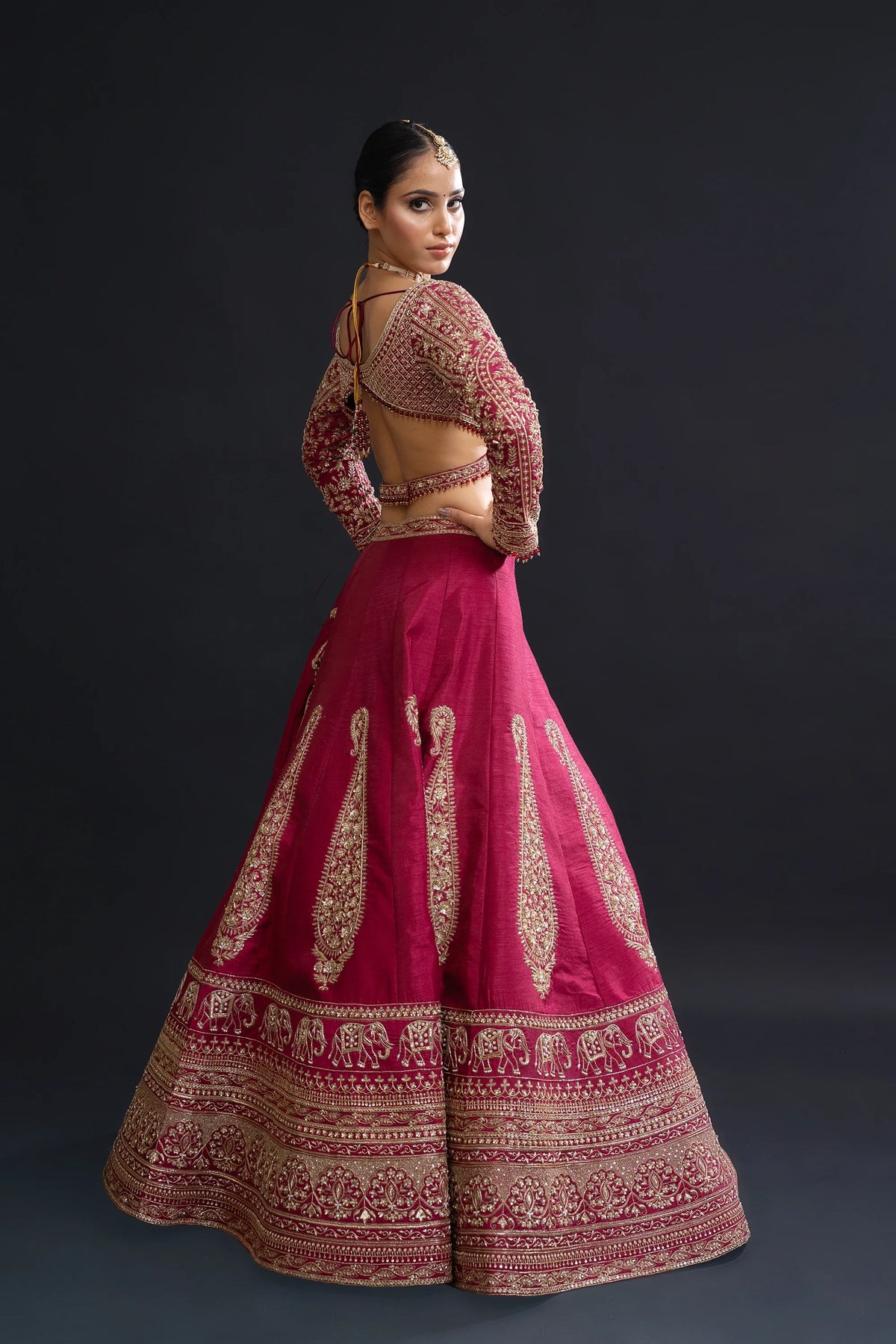 Maroon Bridal Lehenga with Dabka, Pearl Work and Sequin Embroidery for Reception Wear by Aahana's by Nidhi Mehra