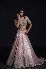 Antique Deep Lilac Tissue Embroidered Saree Set with Tissue Blouse by Aahana's by Nidhi Mehra