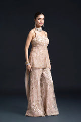 Peach Pink Bridal Sharara Set with Dabka and Sequin Embroidery for Sangeet and Reception Wear by Aahana's by Nidhi Mehra