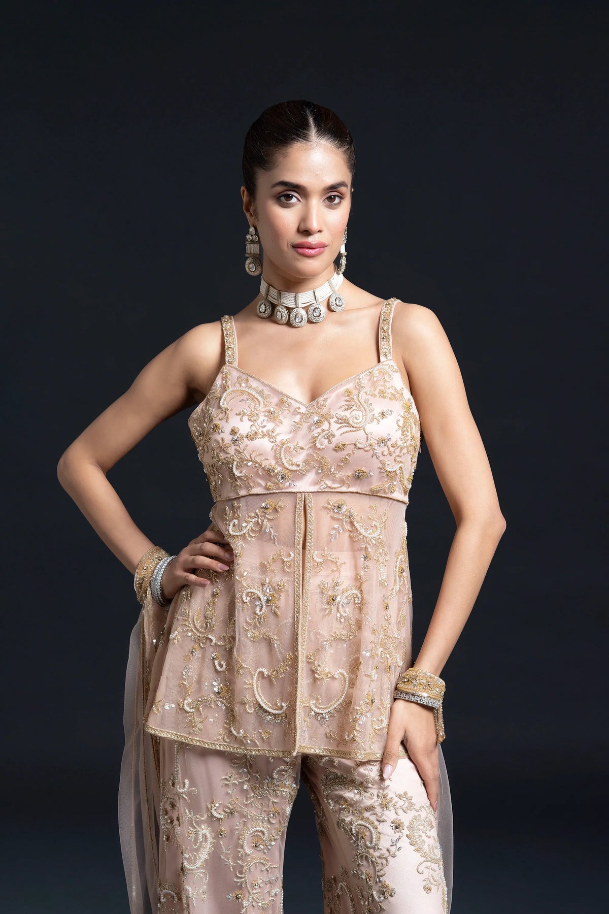 Peach Pink Bridal Sharara Set with Dabka and Sequin Embroidery for Sangeet and Reception Wear by Aahana's by Nidhi Mehra