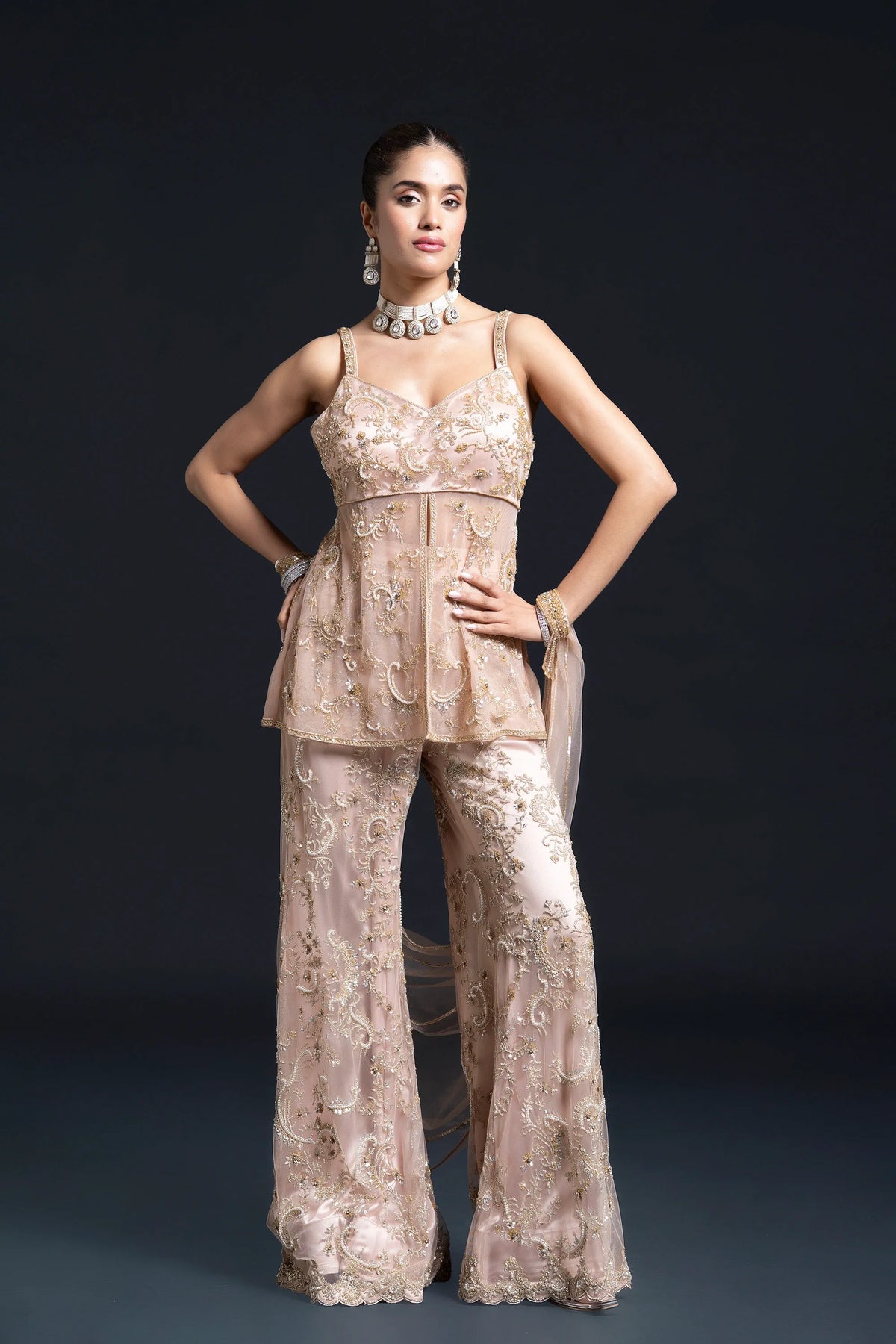 Peach Pink Bridal Sharara Set with Dabka and Sequin Embroidery for Sangeet and Reception Wear by Aahana's by Nidhi Mehra