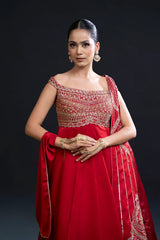 Red Bridal Anarkali Set with Mirror Work and Dabka Embroidery for Sangeet and Reception Wear by Aahana's by Nidhi Mehra