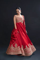 Red Bridal Anarkali Set with Mirror Work and Dabka Embroidery for Sangeet and Reception Wear by Aahana's by Nidhi Mehra