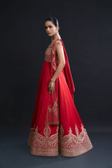 Red Bridal Anarkali Set with Mirror Work and Dabka Embroidery for Sangeet and Reception Wear by Aahana's by Nidhi Mehra