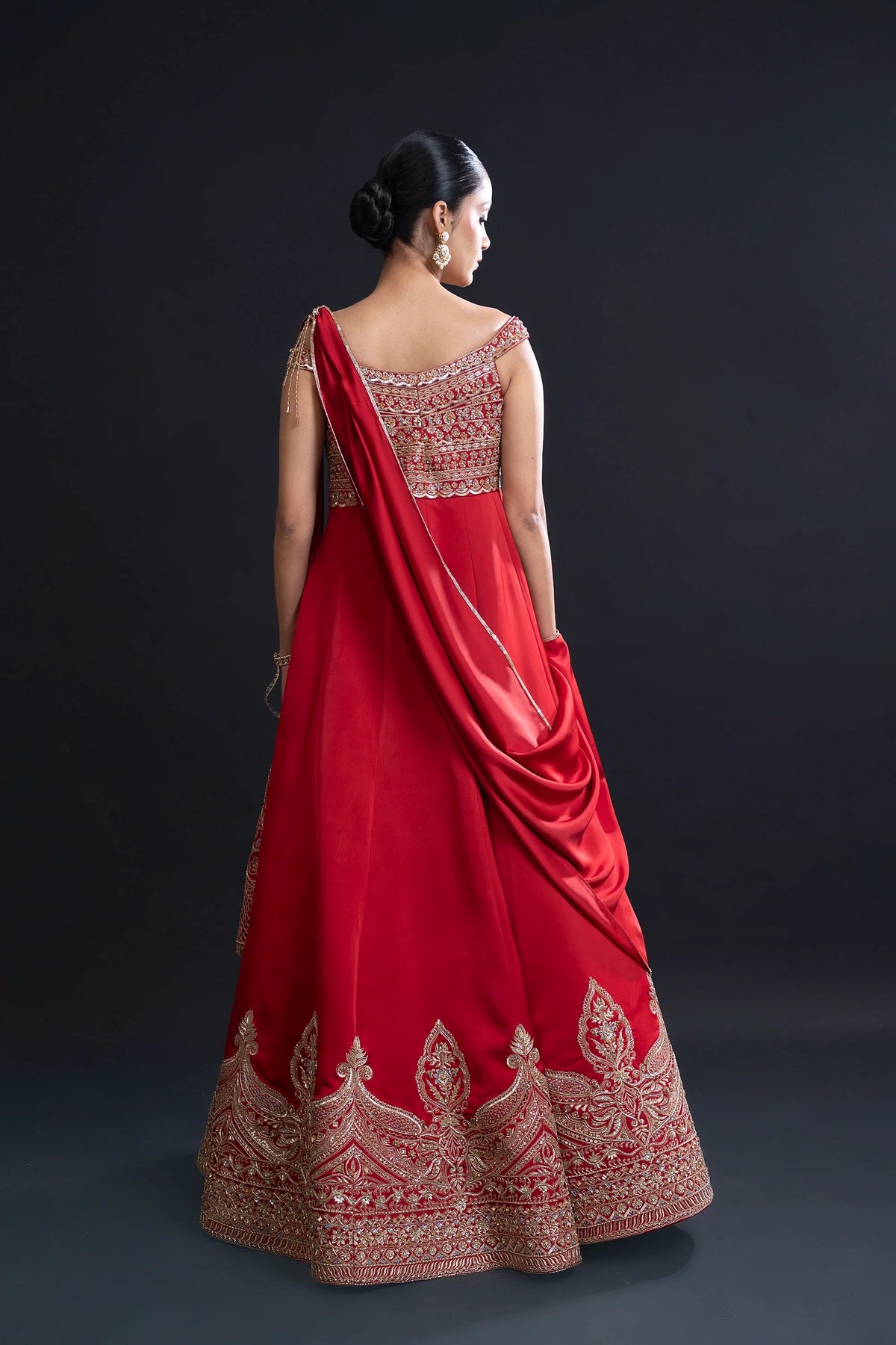 Red Bridal Anarkali Set with Mirror Work and Dabka Embroidery for Sangeet and Reception Wear by Aahana's by Nidhi Mehra