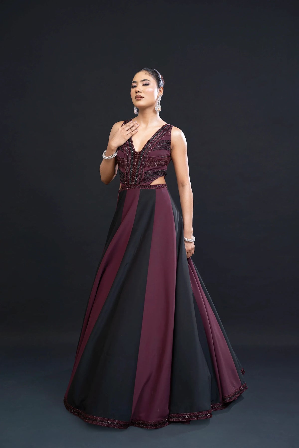 Wine and Black Bridal Gown with Cutdana Embellishment for Reception Wear by Aahana's by Nidhi Mehra