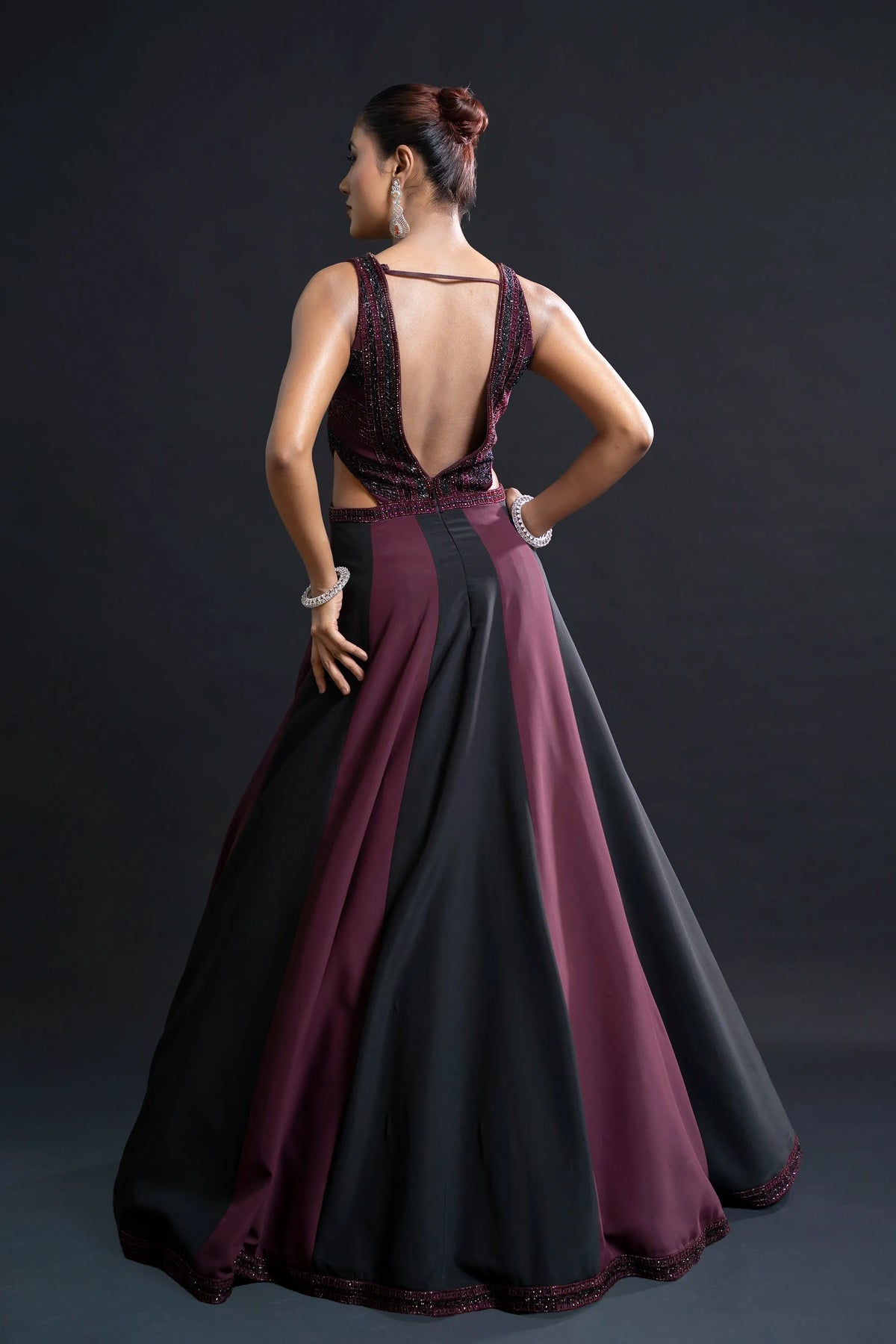 Wine and Black Bridal Gown with Cutdana Embellishment for Reception Wear by Aahana's by Nidhi Mehra