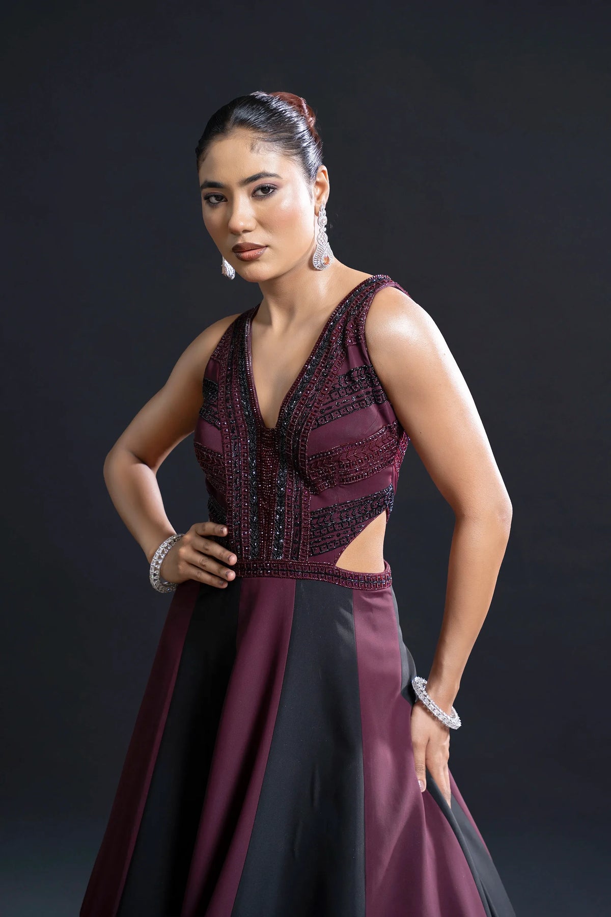 Wine and Black Bridal Gown with Cutdana Embellishment for Reception Wear by Aahana's by Nidhi Mehra