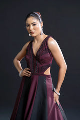 Wine and Black Bridal Gown with Cutdana Embellishment for Reception Wear by Aahana's by Nidhi Mehra