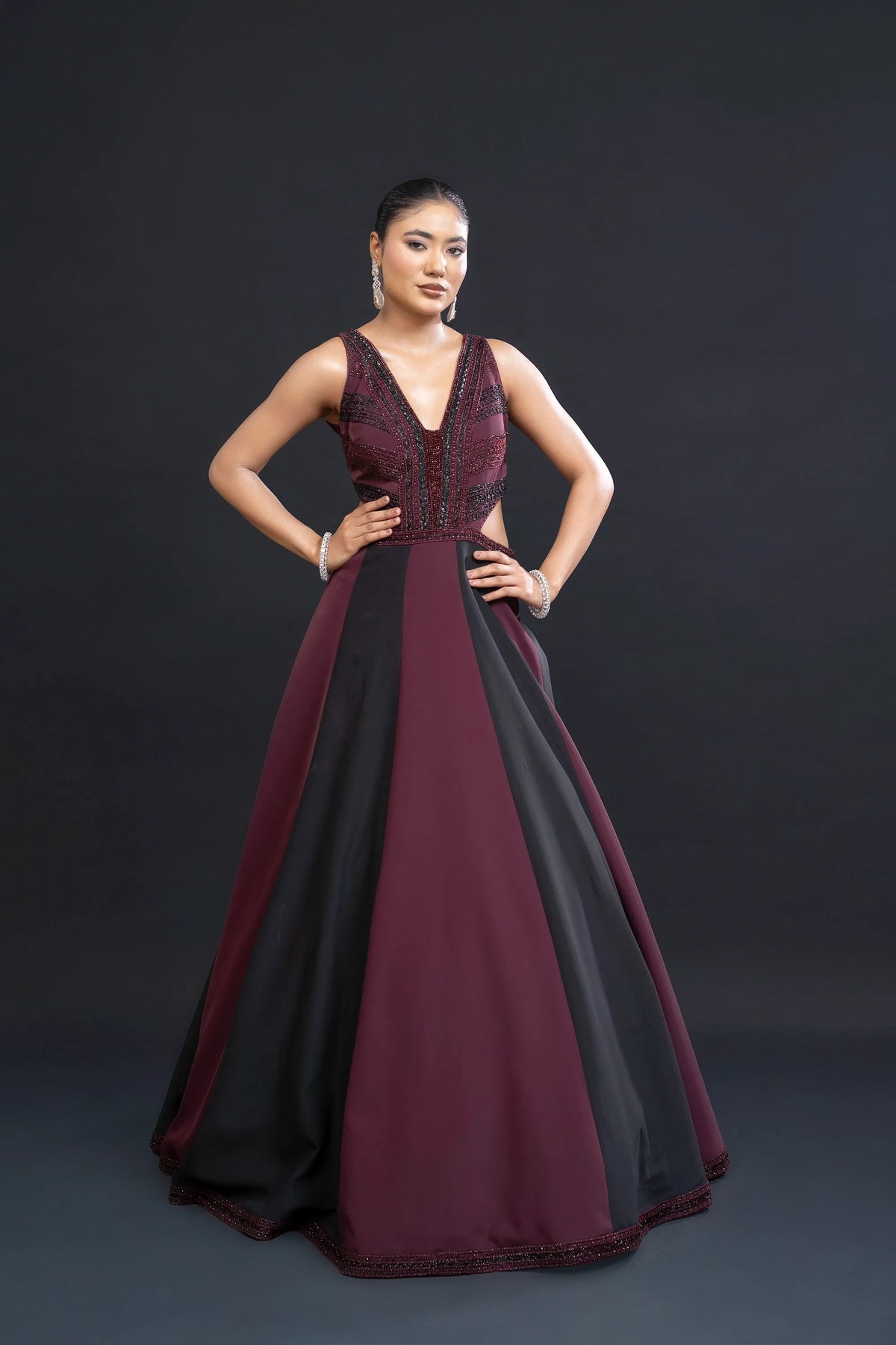 Wine and Black Bridal Gown with Cutdana Embellishment for Reception Wear by Aahana's by Nidhi Mehra