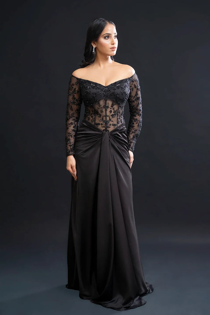 Black Drape Gown with Sequin Embellishment for Reception Wear by Nidhi Mehra Couture