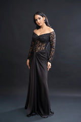 Black Drape Gown with Sequin Embellishment for Reception Wear by Nidhi Mehra Couture