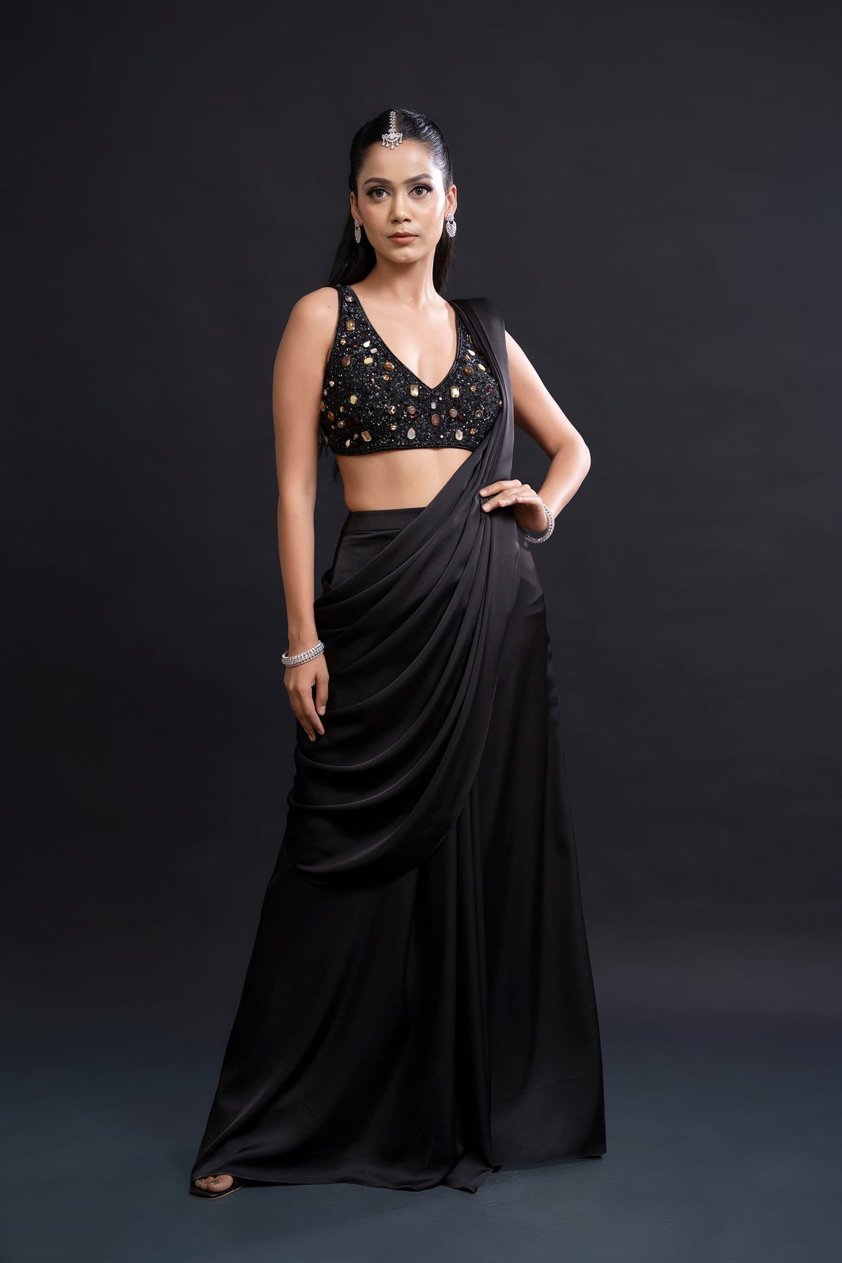 Black Drape Saree with Cutdana and Sequin Embellishment for Indo-Western Occasion Wear by Nidhi Mehra Couture