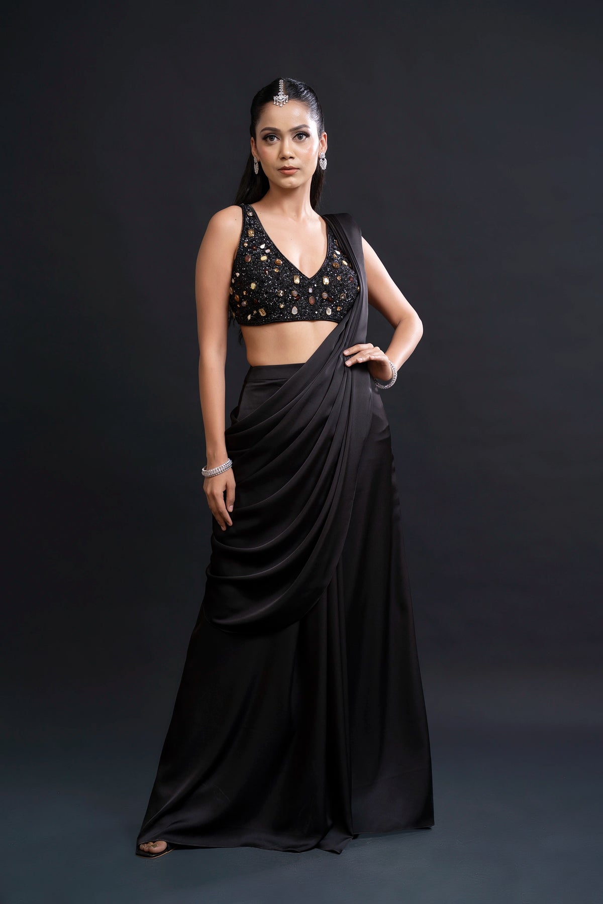 Black Drape Saree with Cutdana and Sequin Embellishment for Indo-Western Occasion Wear by Nidhi Mehra Couture