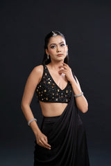 Black Drape Saree with Cutdana and Sequin Embellishment for Indo-Western Occasion Wear by Nidhi Mehra Couture