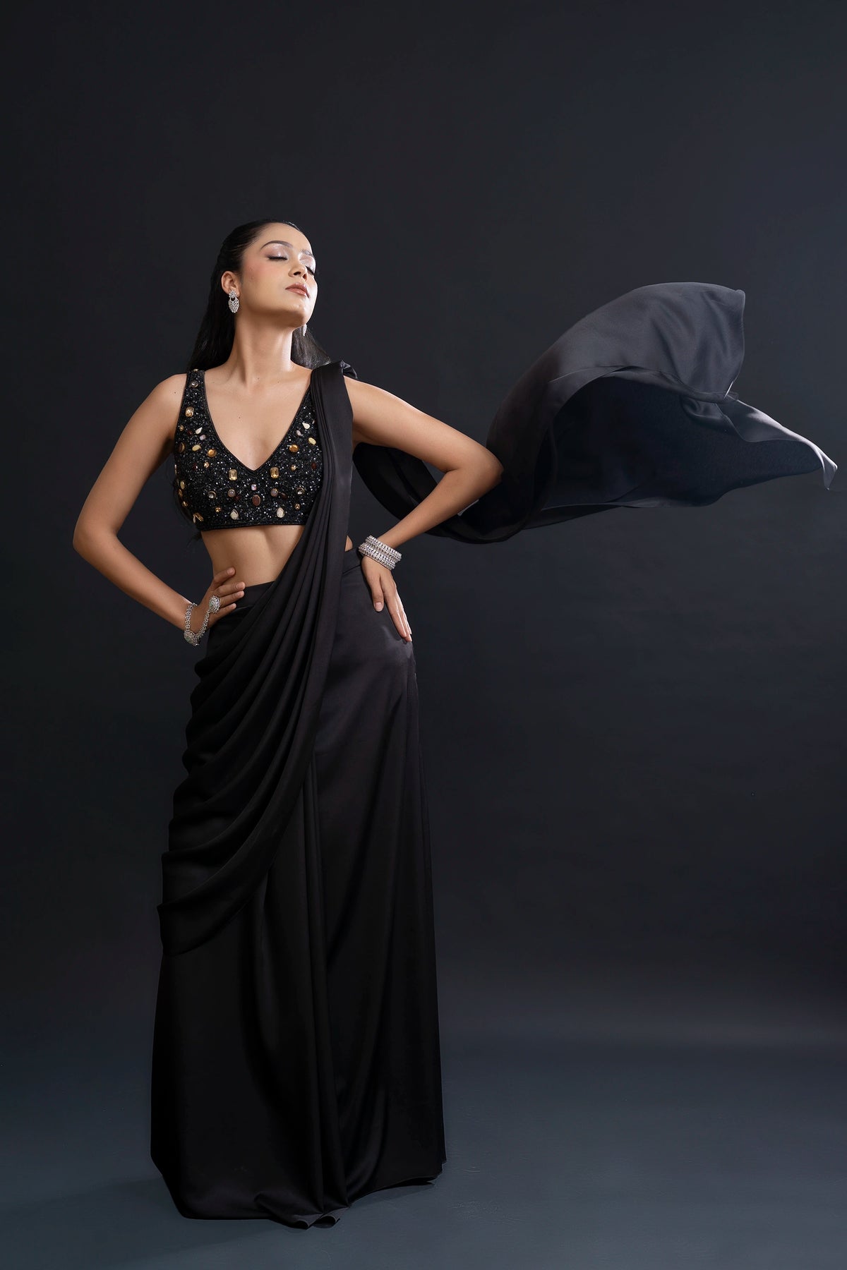 Black Drape Saree with Cutdana and Sequin Embellishment for Indo-Western Occasion Wear by Nidhi Mehra Couture