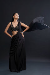 Black Drape Saree with Cutdana and Sequin Embellishment for Indo-Western Occasion Wear by Nidhi Mehra Couture