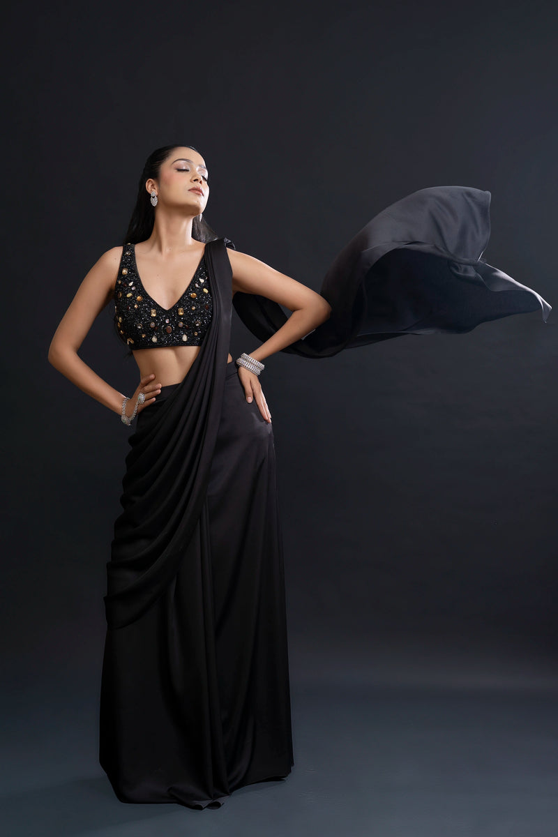 Black Drape Saree with Cutdana and Sequin Embellishment for Indo-Western Occasion Wear by Nidhi Mehra Couture